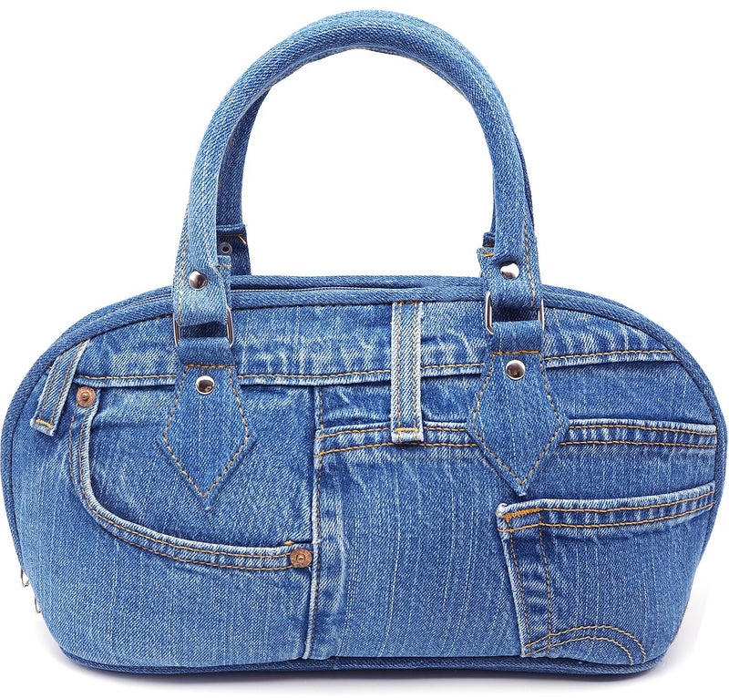 Bijoux de Ja Upcycling Blue Denim Trim Curved Shape Satchel Top Handle Handbag Purse (denim) - Image 1
