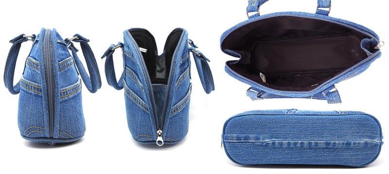 Bijoux de Ja Upcycling Blue Denim Trim Curved Shape Satchel Top Handle Handbag Purse (denim) - Image 5