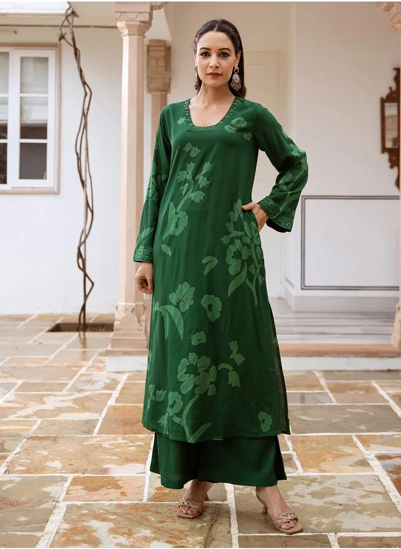 ISHIN Floral Printed Sequinned Straight Kurta With Palazzos