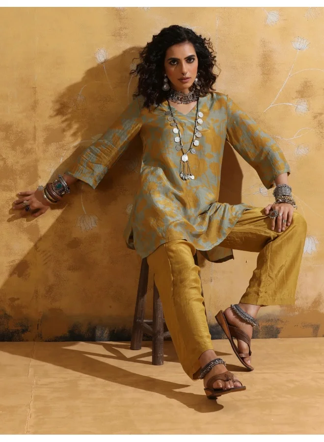 ترو برونز trueBrowns Mint Mustard Jaal Print Muslin Silk Co-ord Set