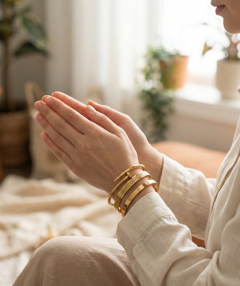 Shein 3-Piece Gold-Tone 316L Stainless Steel Bracelet Set – Ayat Al Kursi Engraved Bangle + Nail Cuff + Screw Motif Bracelet - Image 2