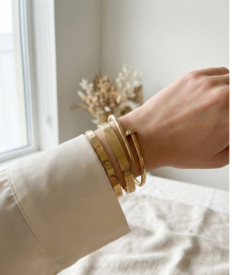 Shein 3-Piece Gold-Tone 316L Stainless Steel Bracelet Set – Ayat Al Kursi Engraved Bangle + Nail Cuff + Screw Motif Bracelet - Image 3