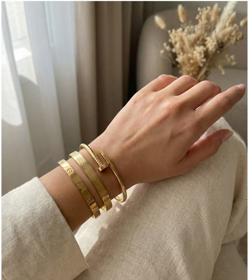 Shein 3-Piece Gold-Tone 316L Stainless Steel Bracelet Set – Ayat Al Kursi Engraved Bangle + Nail Cuff + Screw Motif Bracelet - Image 1
