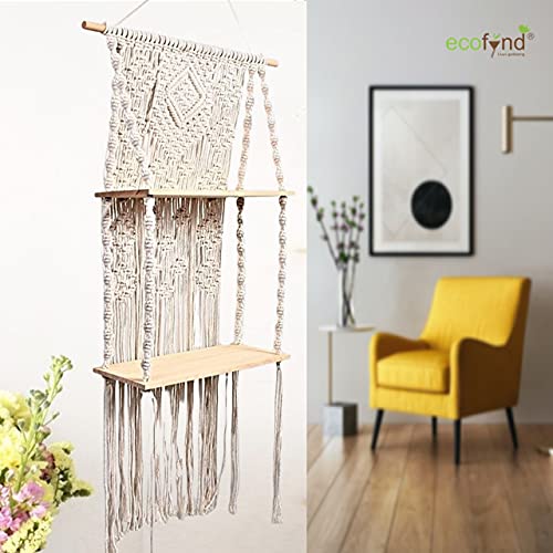 ecofynd 16 inches Cotton Wall Hanging Wooden Shelf, Bohemian Boho Nordic Style for Home Decor, Floating Rack for Bedroom Living Room Bathroom (SH032) - Image 2