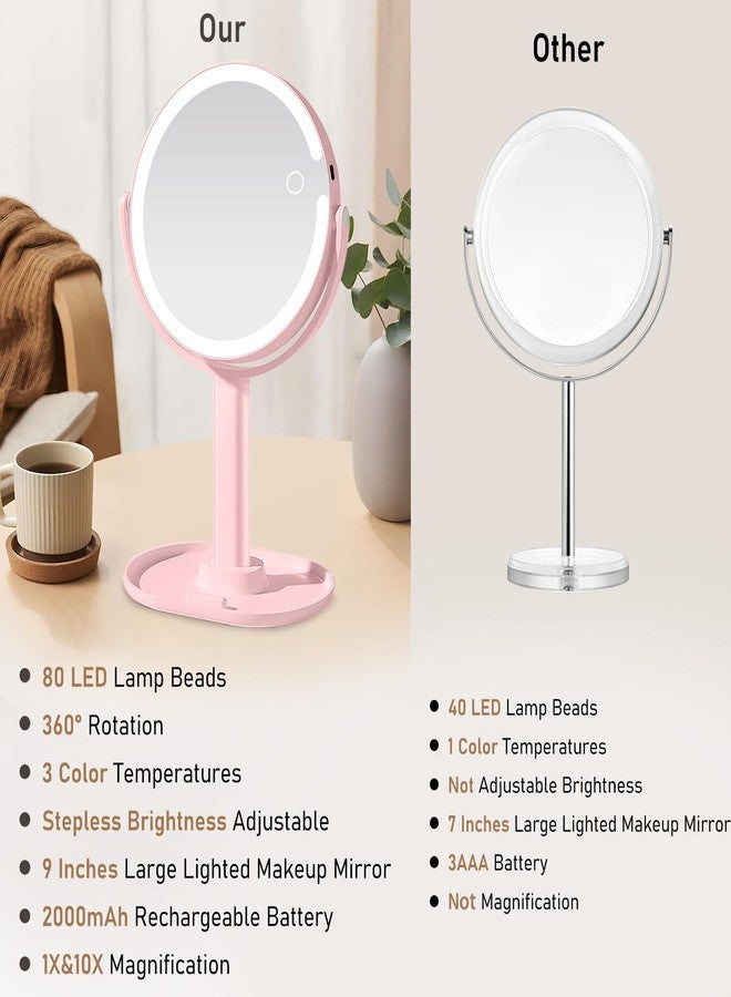 Makeup Mirror with Lights, Lighted Make Up LED Vanity Mirror for Travel, 1x/10X Magnifying Mirror, Rechargeable 3 Color & Adjustable Brightness, 360° Rotation Detachable (Pink) - Image 2