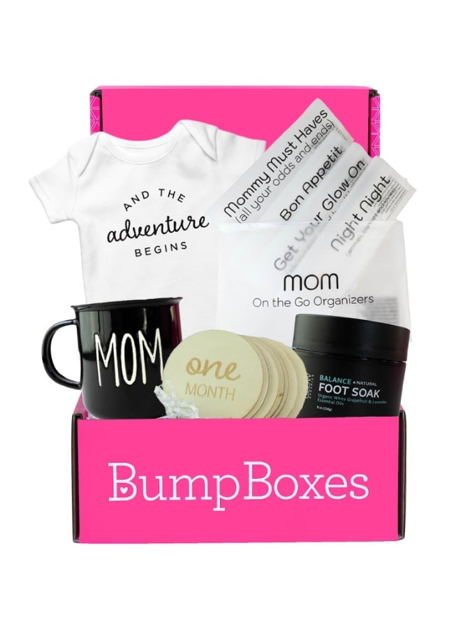 Bump Boxes 3rd Trimester & Postpartum Gift Set for New Moms with Milestone Disc, Baby Onesie, Travel Bags, Ceramic Mug, Organic Foot Soak, Gift for Mother to Be - Image 1