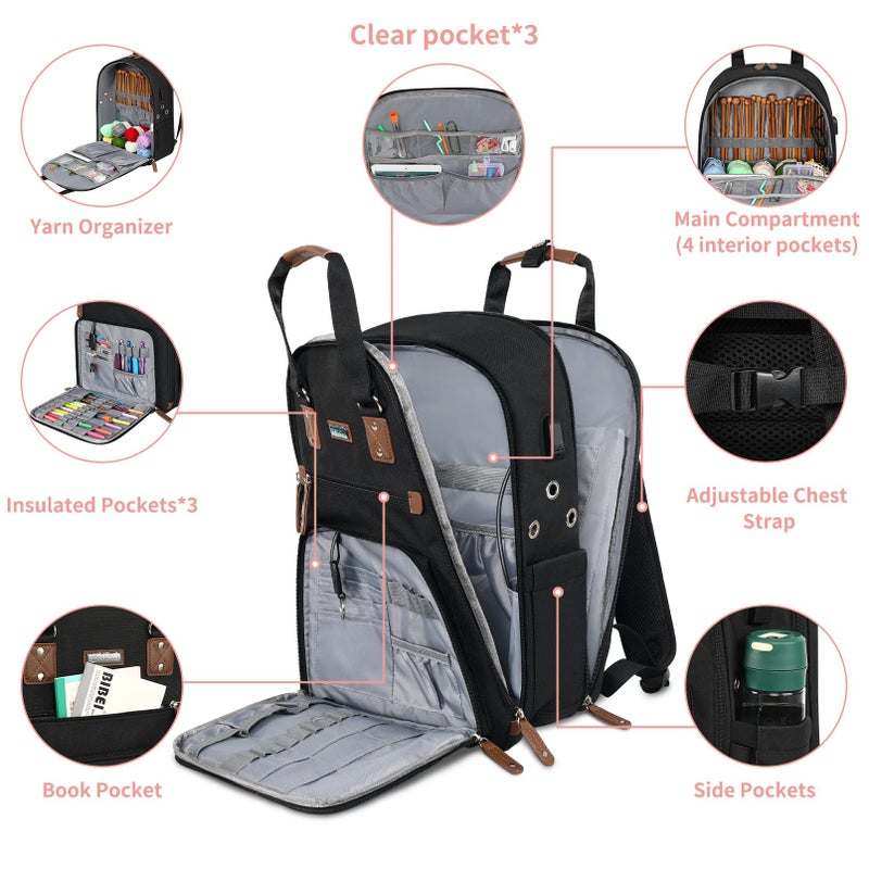 SINVICKO Crochet Bag Backpack,Knitting Bag Backpack and Totes Organizer with USB Charging Port, Large Yarn Storage Tote Bag Yarn Holder Case for Knitting Needles, Crochet Hooks,fits 15.6 inch Laptop,Black - Image 3