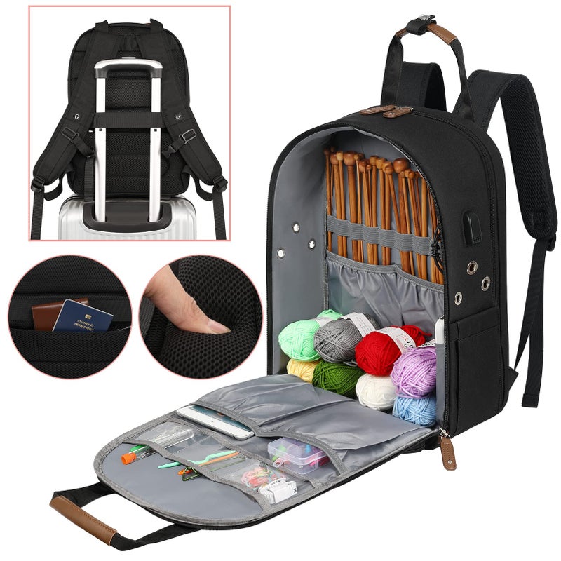 SINVICKO Crochet Bag Backpack,Knitting Bag Backpack and Totes Organizer with USB Charging Port, Large Yarn Storage Tote Bag Yarn Holder Case for Knitting Needles, Crochet Hooks,fits 15.6 inch Laptop,Black - Image 4