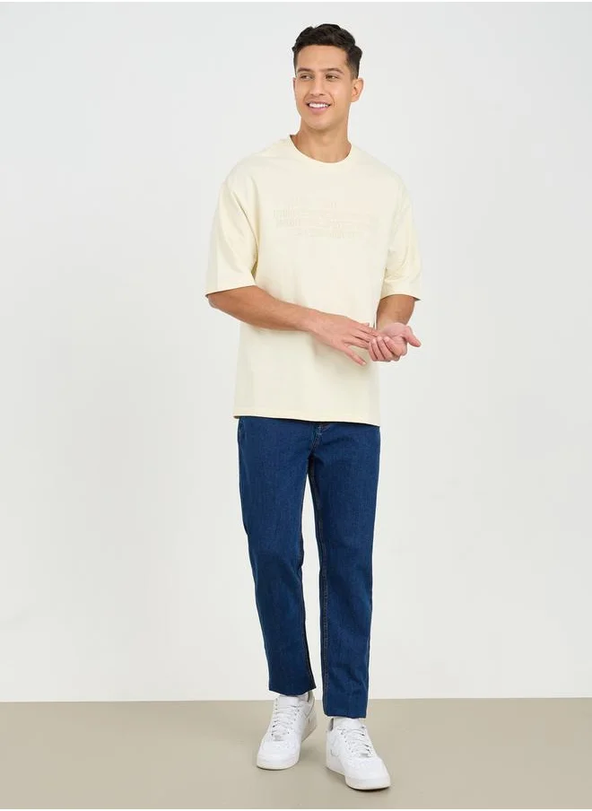 ستايلي Oversized Chest Tonal Embossed Print Terry T-Shirt