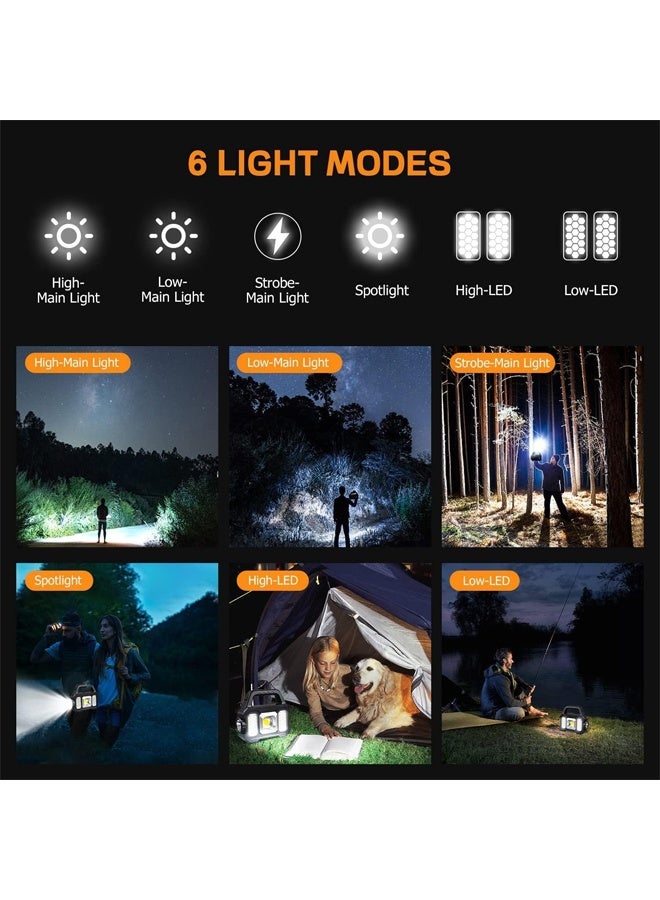 DUNISO أضواء LED لمواقع البناء، كشافات شمسية، أضواء تخييم قابلة لإعادة الشحن، أضواء طوارئ محمولة، أضواء عمل خارجية مقاومة للصدمات والغبار مع بنك طاقة محمول USB، مناسبة لانقطاع التيار الكهربائي، التخييم في الهواء الطلق، 6 أوضاع إضاءة - Image 5