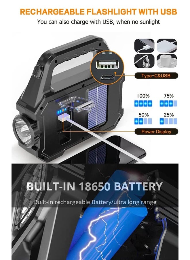 DUNISO أضواء LED لمواقع البناء، كشافات شمسية، أضواء تخييم قابلة لإعادة الشحن، أضواء طوارئ محمولة، أضواء عمل خارجية مقاومة للصدمات والغبار مع بنك طاقة محمول USB، مناسبة لانقطاع التيار الكهربائي، التخييم في الهواء الطلق، 6 أوضاع إضاءة - Image 3