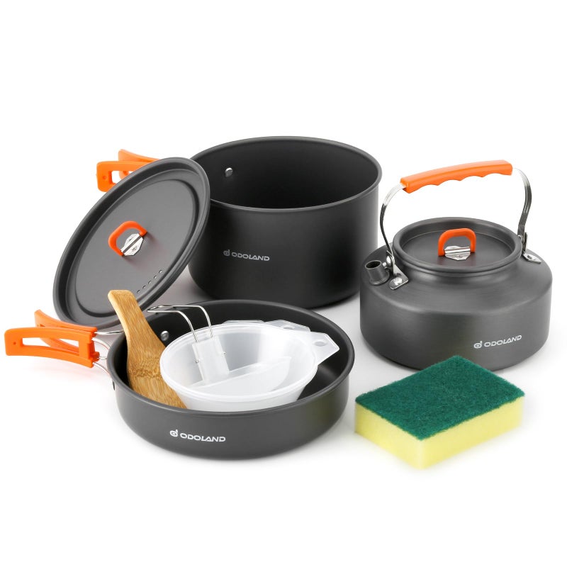Odoland 10pcs Camping Cookware Camping Pots and Pans Set with Kettle Plastic Bowls and Soup Spoon for Camping, Backpacking, Outdoor Cooking and Picnic - Image 1