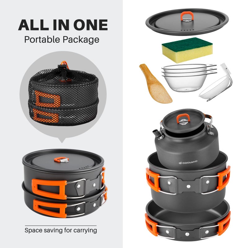 Odoland 10pcs Camping Cookware Camping Pots and Pans Set with Kettle Plastic Bowls and Soup Spoon for Camping, Backpacking, Outdoor Cooking and Picnic - Image 2