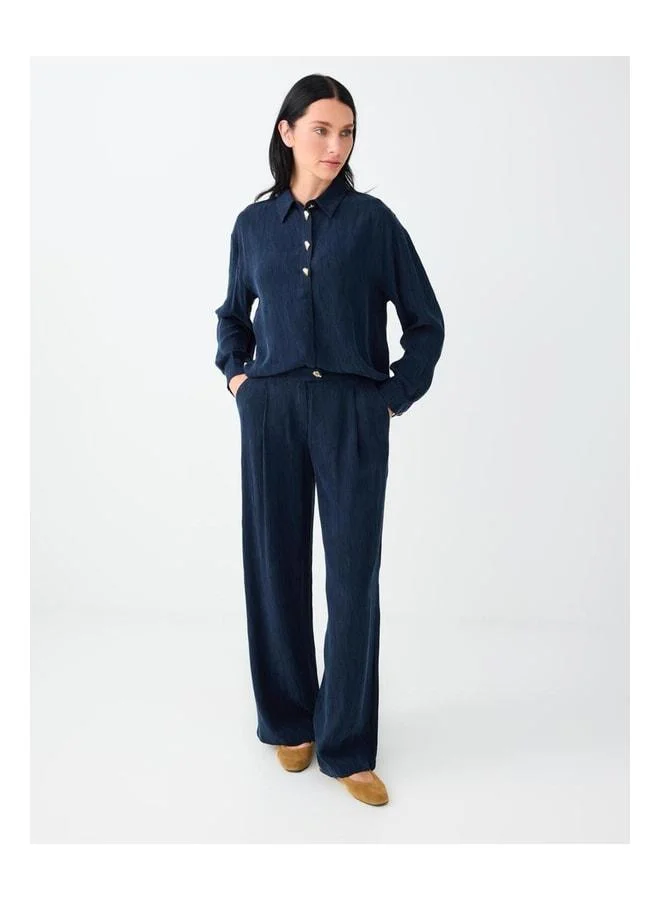 Jimmy Key Navy Blue Metal Button Detailed Low Shoulder Shirt.