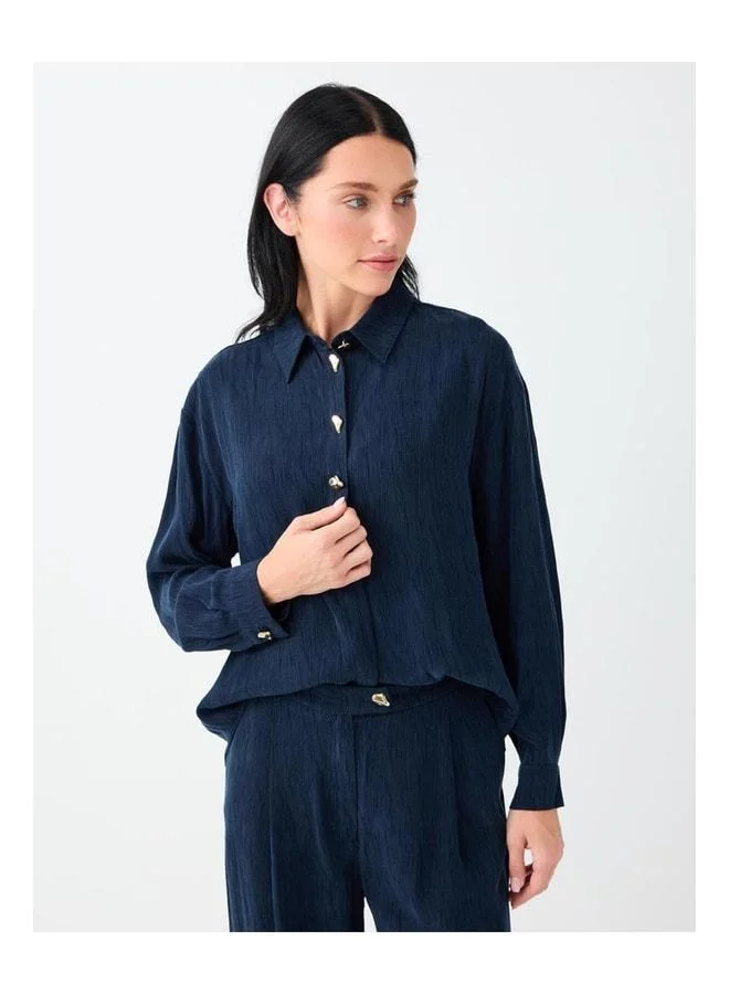 Jimmy Key Navy Blue Metal Button Detailed Low Shoulder Shirt.