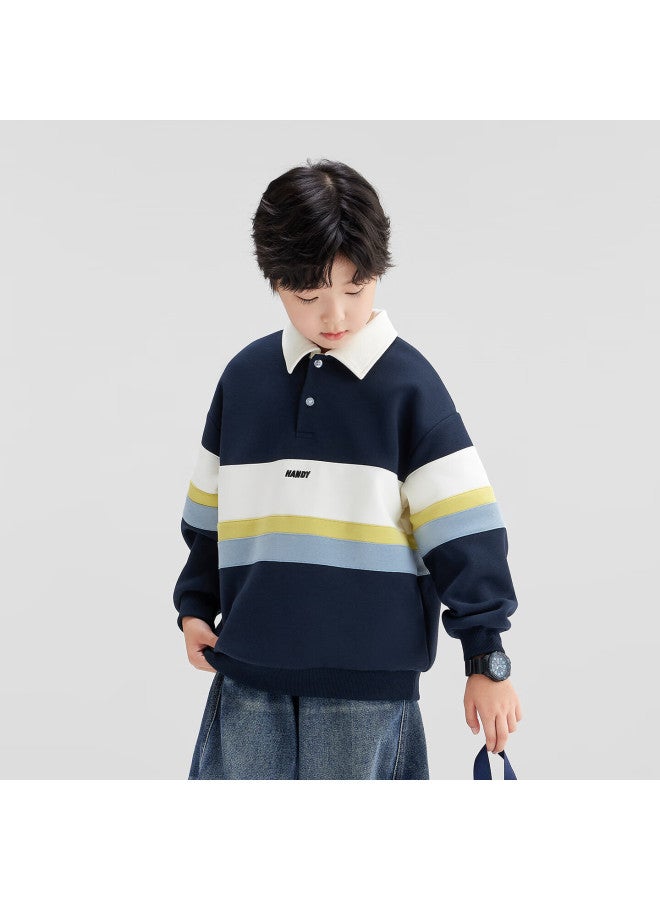 Zuoxi Boys' Polo Shirt Sweatshirt, New Trendy Children's Striped Color-block Pullover, Navy Blue, Size 120 - Image 4