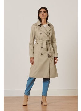 Women Double Breast Belted Long Trench Coat, Dark Beige