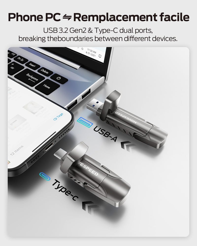 MOVESPEED MOVE SPEED 1TB Flash Drive, External SSD with 1000MB/s Read Write Speed, USB 3.2 Gen2+Type C Dual Port Portable SSD, Thumb Drive for iPhone 15, 16, 17 Series/MacBook/Android Phone/Audio etc(1 Pack) - Image 3