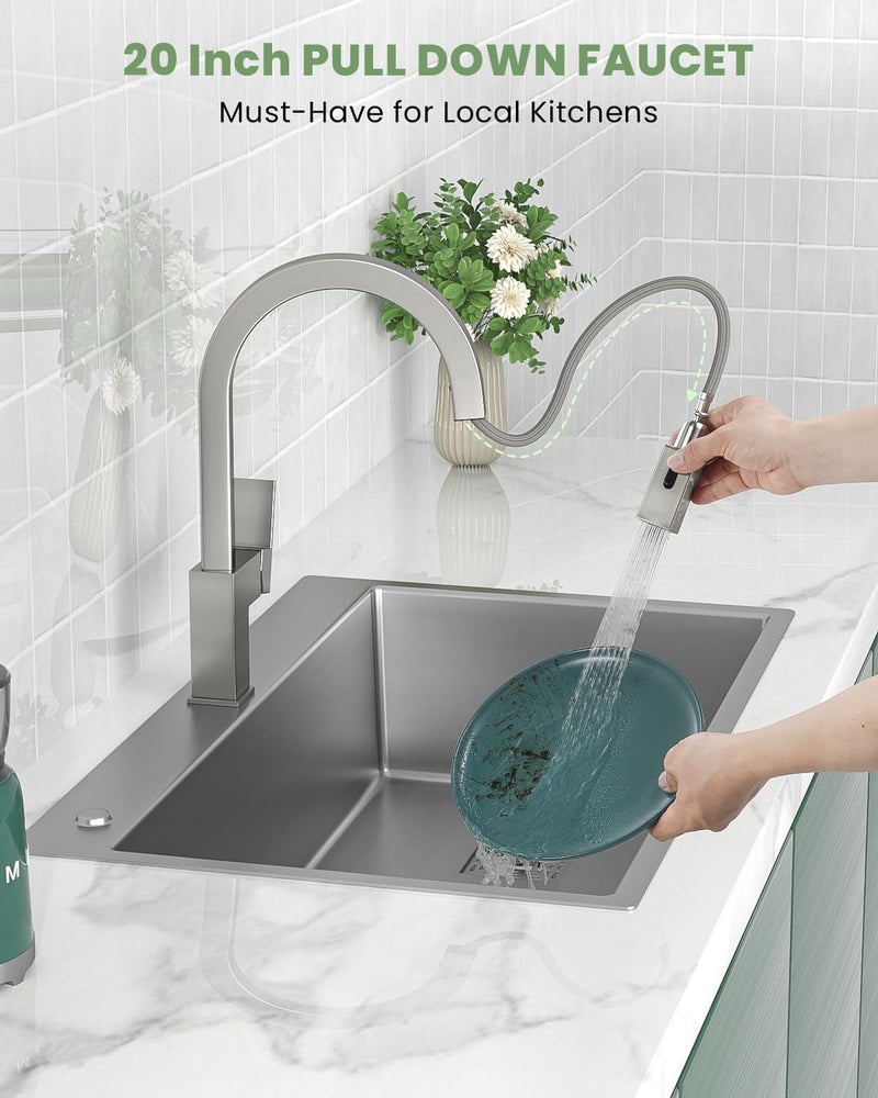 DAYONE Square Kitchen Faucet Brushed Nickel, Modern Pull Down Kitchen Sink Faucet with Spray 2 Modes, S304 Stainless Steel Single Handle Faucet for Kitchen Sink, with Square Deck Plate - Image 5