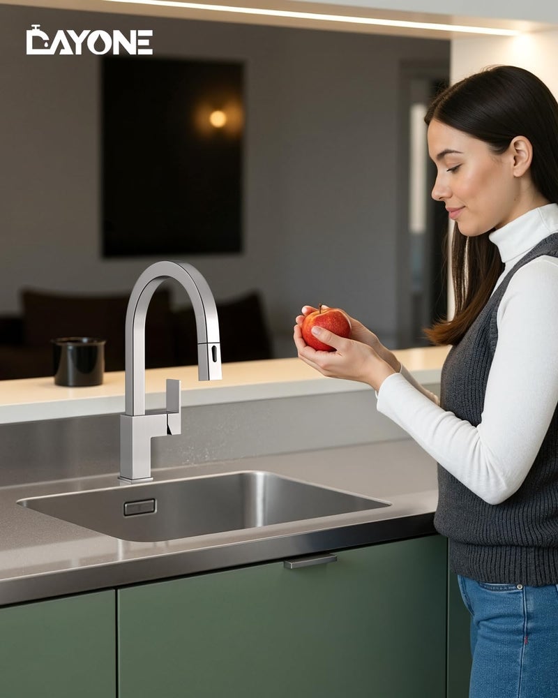 DAYONE Square Kitchen Faucet Brushed Nickel, Modern Pull Down Kitchen Sink Faucet with Spray 2 Modes, S304 Stainless Steel Single Handle Faucet for Kitchen Sink, with Square Deck Plate - Image 2