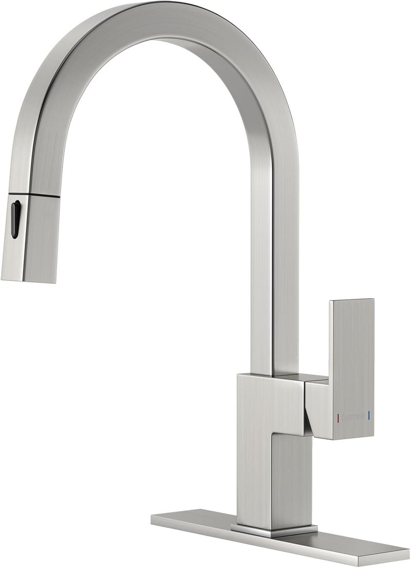 DAYONE Square Kitchen Faucet Brushed Nickel, Modern Pull Down Kitchen Sink Faucet with Spray 2 Modes, S304 Stainless Steel Single Handle Faucet for Kitchen Sink, with Square Deck Plate - Image 1