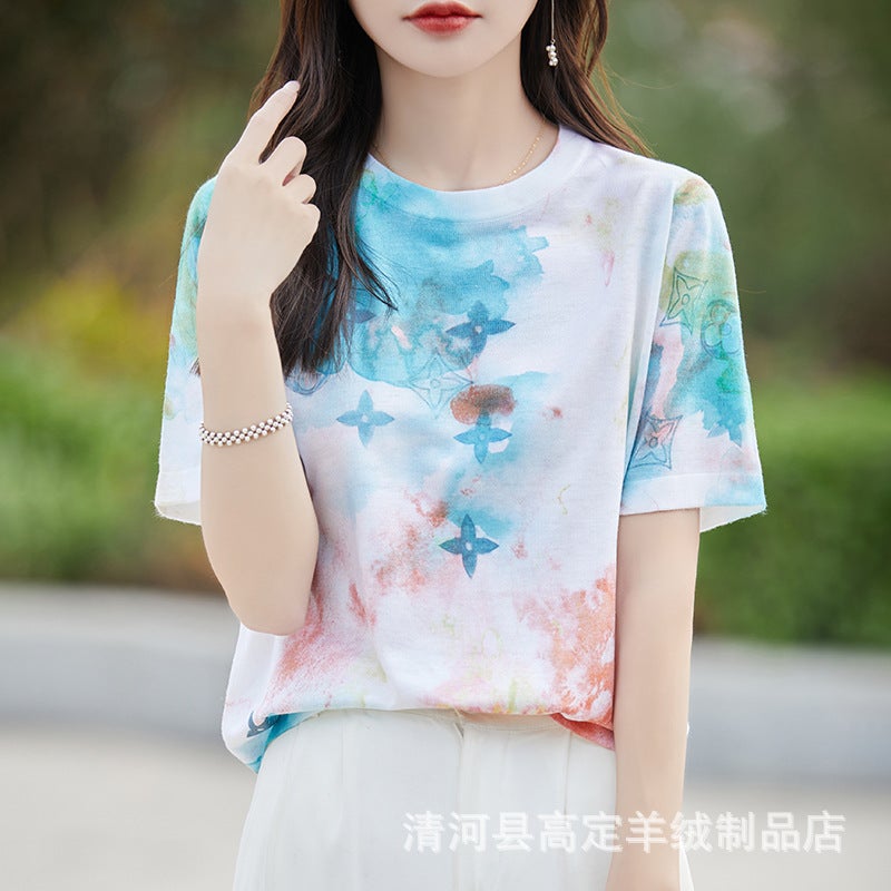 There Is Always A Suitable One-Summer Classic Joker Mulberry Silk Various Printed Pattern Round Neck Short Sleeve T-Shirt - Image 1