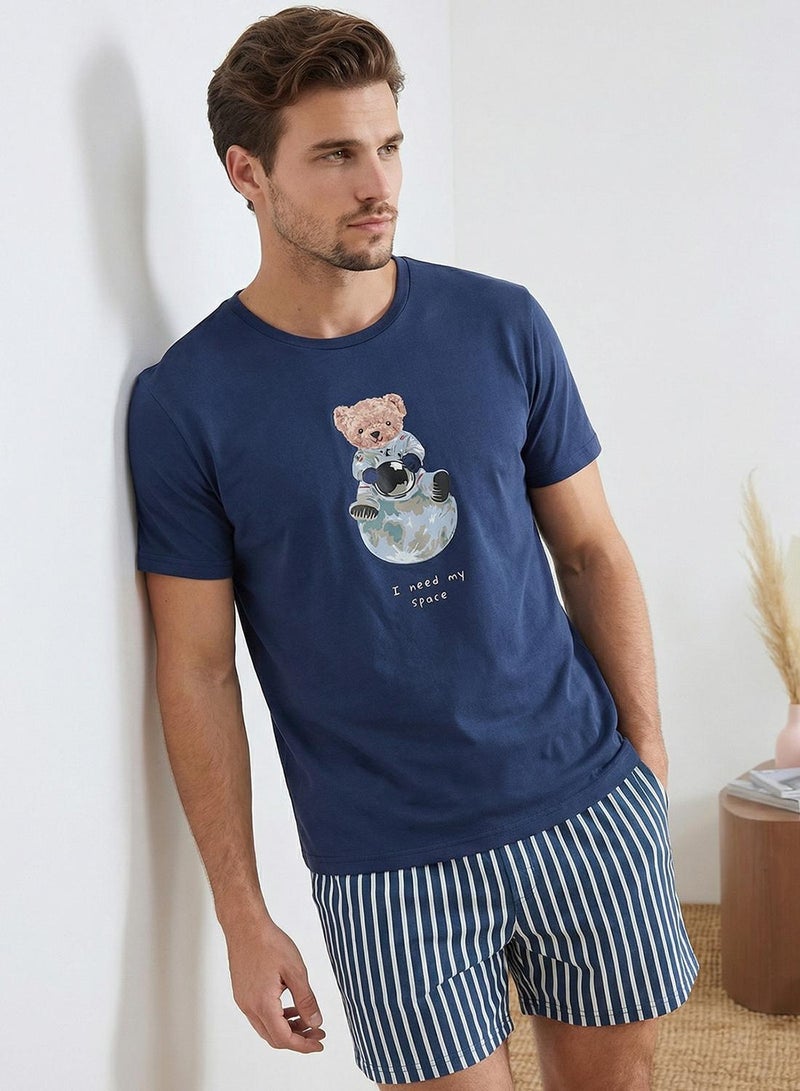 trendyol Indigo Regular Cotton Short Sleeve Top Teddy Bear Printed Bottom Striped Pajama Set Tmnss26Pt00013 - Image 1