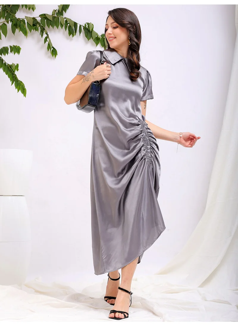 مرفوعة Women Casual Straight Solid Ruched Round Neck Long Length Asymmetric Dress