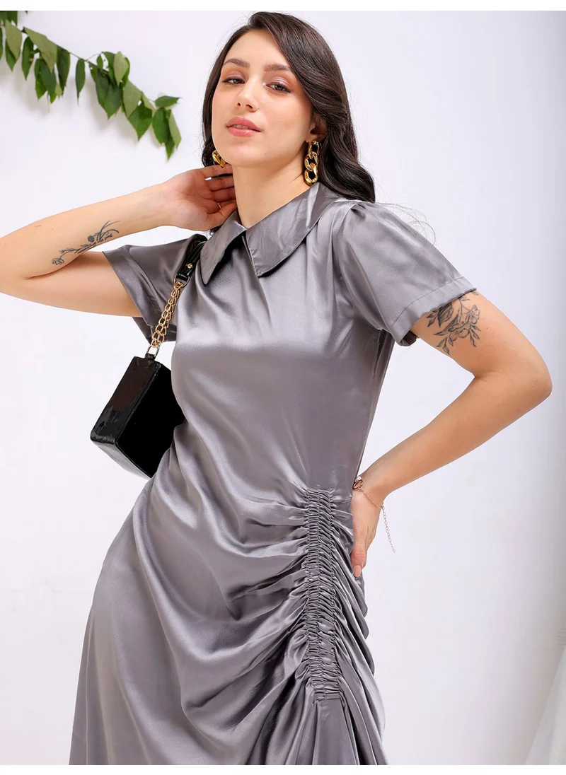 مرفوعة Women Casual Straight Solid Ruched Round Neck Long Length Asymmetric Dress