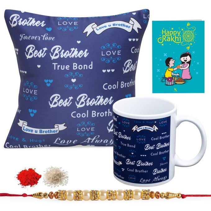 RAKHI GIFT FOR BROTHER BEST BRO EVER QUOTE PRINTED CUSHION WITH FILLER MUGRAKHI FOR BROTHER ROLI GREETING CARD RAKSHA BANDHAN GIFT FOR BROTHER BHAI MEN