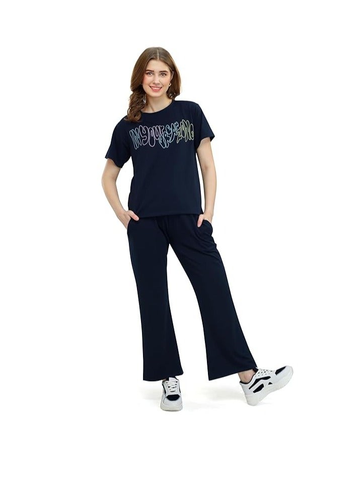 Accessorize Kingdom Women's Cotton Typography Wide Bottom Night Suit Set of Top & Pajama Set  - Image 1