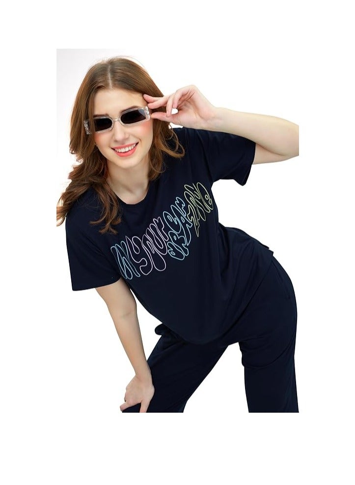 Accessorize Kingdom Women's Cotton Typography Wide Bottom Night Suit Set of Top & Pajama Set  - Image 2