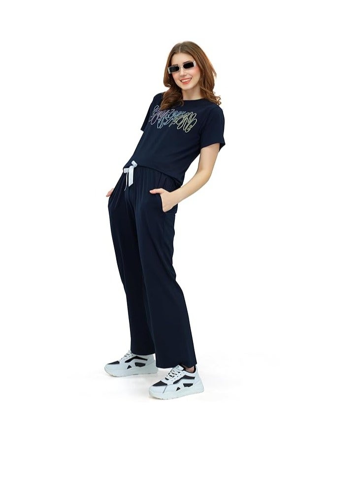 Accessorize Kingdom Women's Cotton Typography Wide Bottom Night Suit Set of Top & Pajama Set  - Image 4