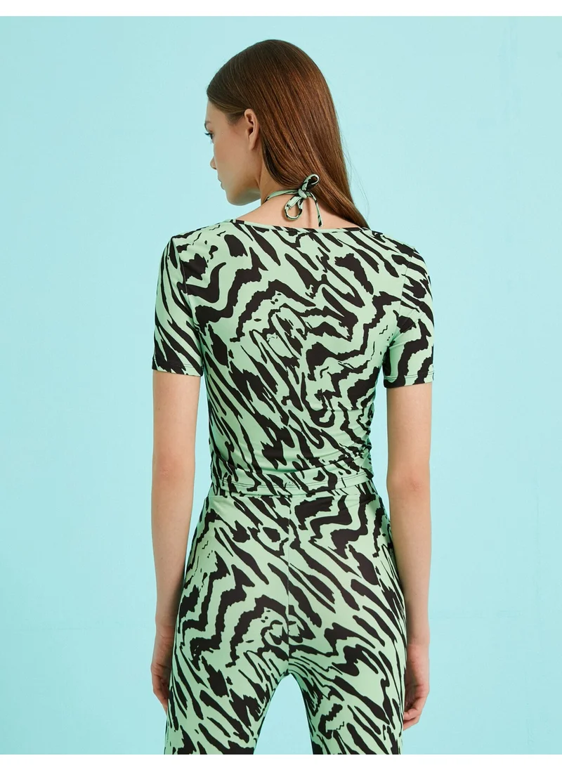 كوتون Window Detailed Short Sleeve Patterned T-Shirt