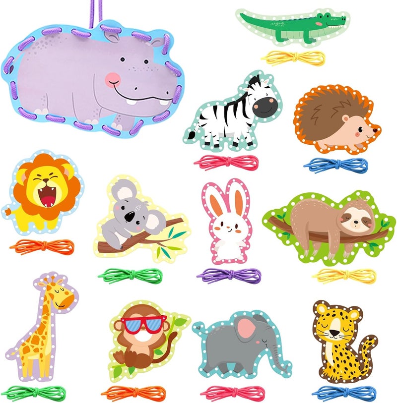 Omlisca Jungle Animal Lacing Cards for Kids 12 Packs Double Sided Sewing Kits Lion Wild Animal Sewing Cards Educational & Learning Activities Fine Motor Skill for School Supplies Jungle Party Decor - Image 1