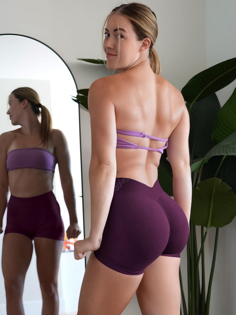 VOYJOY Women Workout Impact Shorts 3.6" V Back High Waist Scrunch Butt Lifting Seamless Gym Biker Shorts Black Cherry M - Image 3