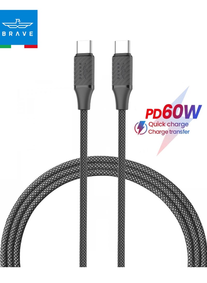 Brave USB-C Braided Nylon Cable - 60W PD Fast Charging & 480Mbps Data Transfer, Type-C, For iPhone Air, iPhone 17/17 Pro/17 Pro Max, iPhone 16/16 Pro & iPhone 15 Series, iPad Pro/Air, MacBook Pro/Air, Samsung Galaxy S25/S24/S23 Ultra, Huawei P60, Xiaomi, Google Pixel, GoPro & More Devices, 1m (Black) - Image 1