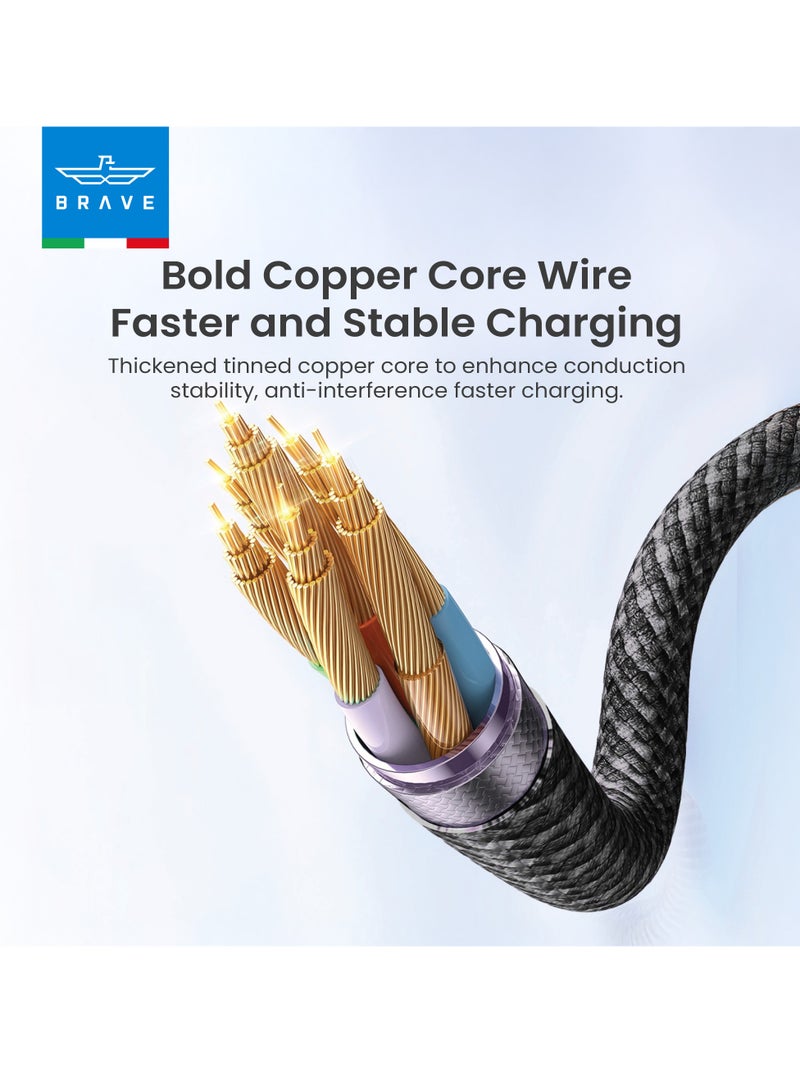 Brave USB-C Braided Nylon Cable - 60W PD Fast Charging & 480Mbps Data Transfer, Type-C, For iPhone Air, iPhone 17/17 Pro/17 Pro Max, iPhone 16/16 Pro & iPhone 15 Series, iPad Pro/Air, MacBook Pro/Air, Samsung Galaxy S25/S24/S23 Ultra, Huawei P60, Xiaomi, Google Pixel, GoPro & More Devices, 1m (Black) - Image 2