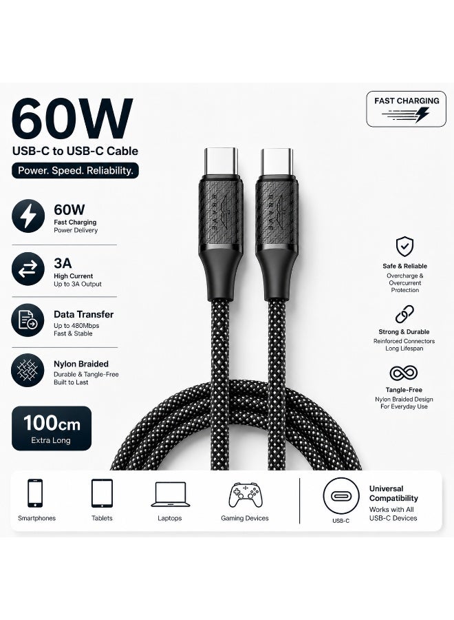 بريف كابل USB-C مضفر من النايلون 60W PD شحن سريع 480Mbps نقل بيانات عالي السرعة كابل تايب سي 1 متر | متوافق مع آيفون 17 / 16 / 15 سلسلة برو ماكس آير، ماك بوك برو / آير، آيباد برو / آير، سامسونج جالاكسي S25 / S24 / S23 ألترا، هواوي P60، شاومي، جوجل بيكسل، جو برو وجميع أجهزة USB-C – أسود - Image 1