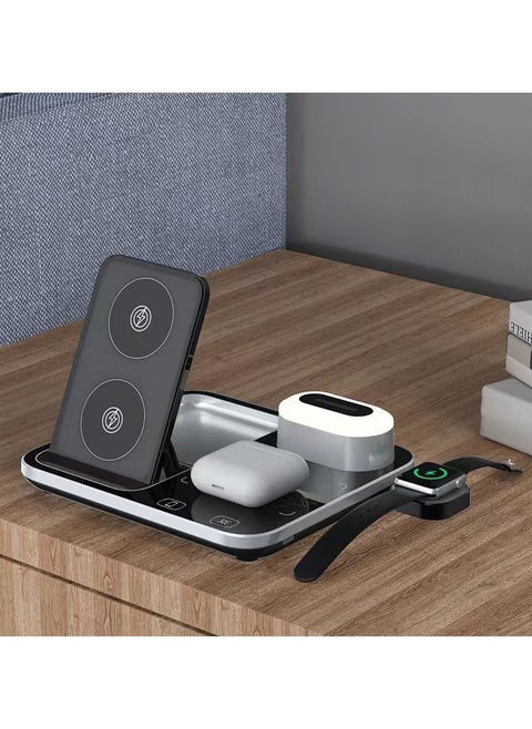 4 in 1 Foldable Wireless Fast Charging Station Compact For Travel Alarm Clock Night Light