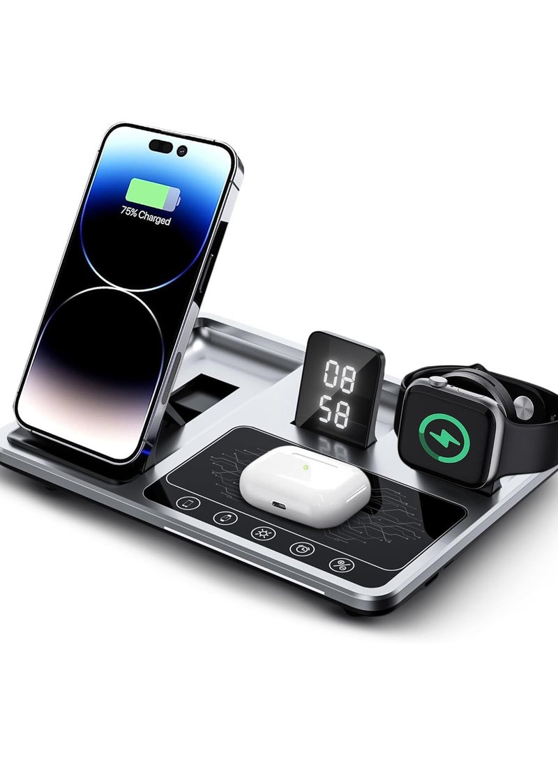 4 in 1 Foldable Wireless Fast Charging Station Compact For Travel Alarm Clock Night Light
