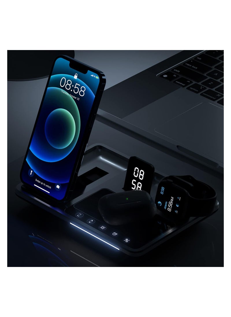 4 in 1 Foldable Wireless Fast Charging Station Compact For Travel Alarm Clock Night Light