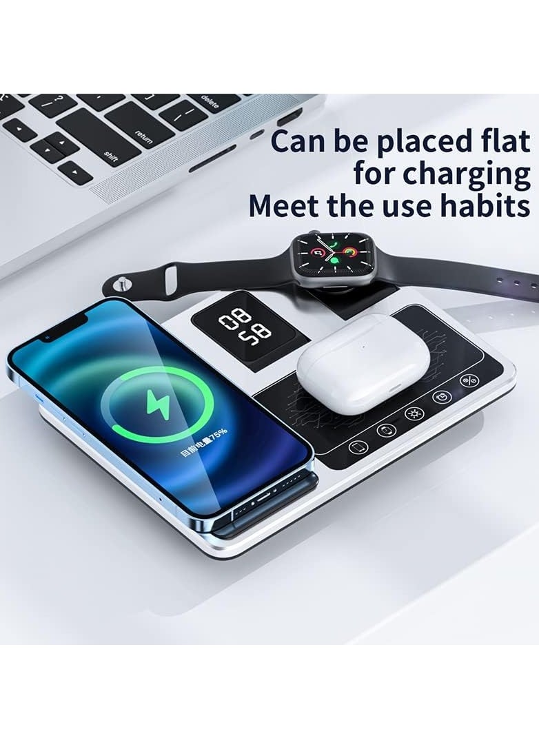 4 in 1 Foldable Wireless Fast Charging Station Compact For Travel Alarm Clock Night Light