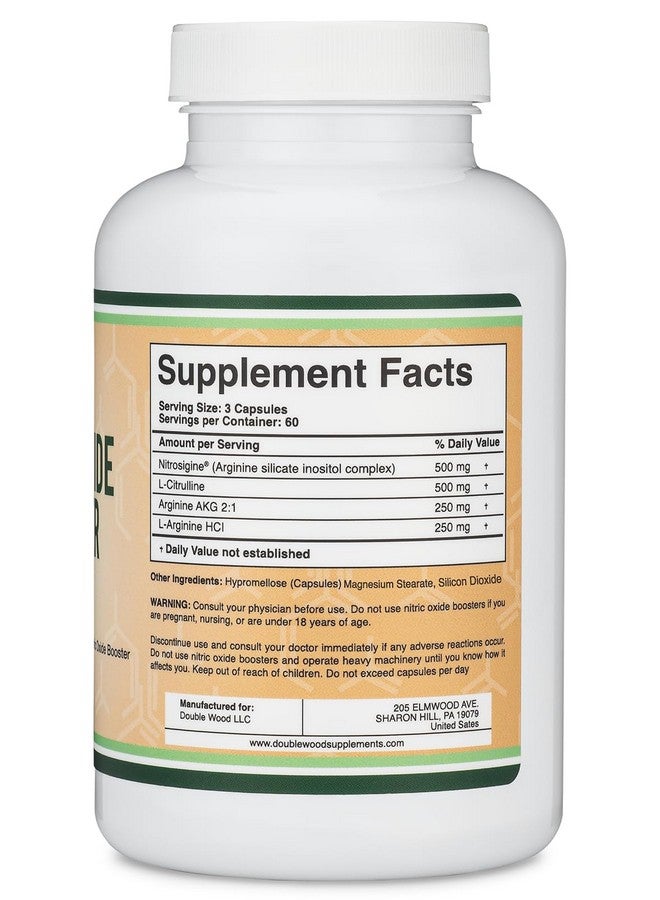 مكمل أكسيد النيتريك (خالٍ من المنبهات قبل التمرين) - معزز أكسيد النيتريك مع نيتروسيجين، إل أرجينين، وإل سيترولين (خضع لدراسات سريرية لتعزيز تدفق أكسيد النيتريك رقم 2) 180 كبسولة من دبل وود - Image 1