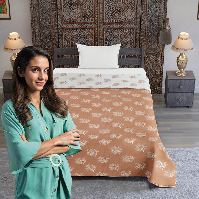 BENAVJI Cotton 150 GSM Reversible Lightweight Printed Single Bed AC Dohar Blanket Quilt Size 56X84 inch White Beige Color - Image 2