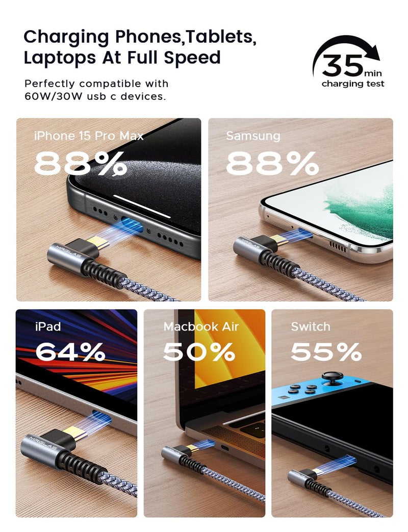 MRGLAS USB C to USB C Cable 60W 3.2A [2-Pack, 6.6+6.6FT] Type C Charger Fast Charging Cable Right Angle Gold-Plated Nylon Braided Cord for iPhone 16 Pro Max 15 Plus Samsung S25 S24 S23 iPad MacBook - Image 4