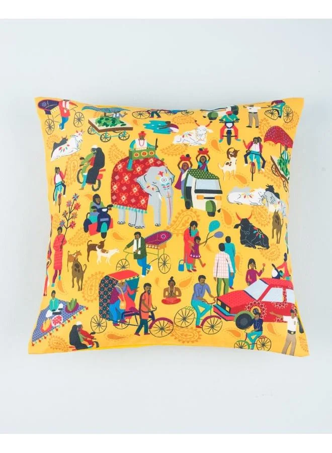 Chumbak Indian Traffic 16” Cushion Cover- Yellow
