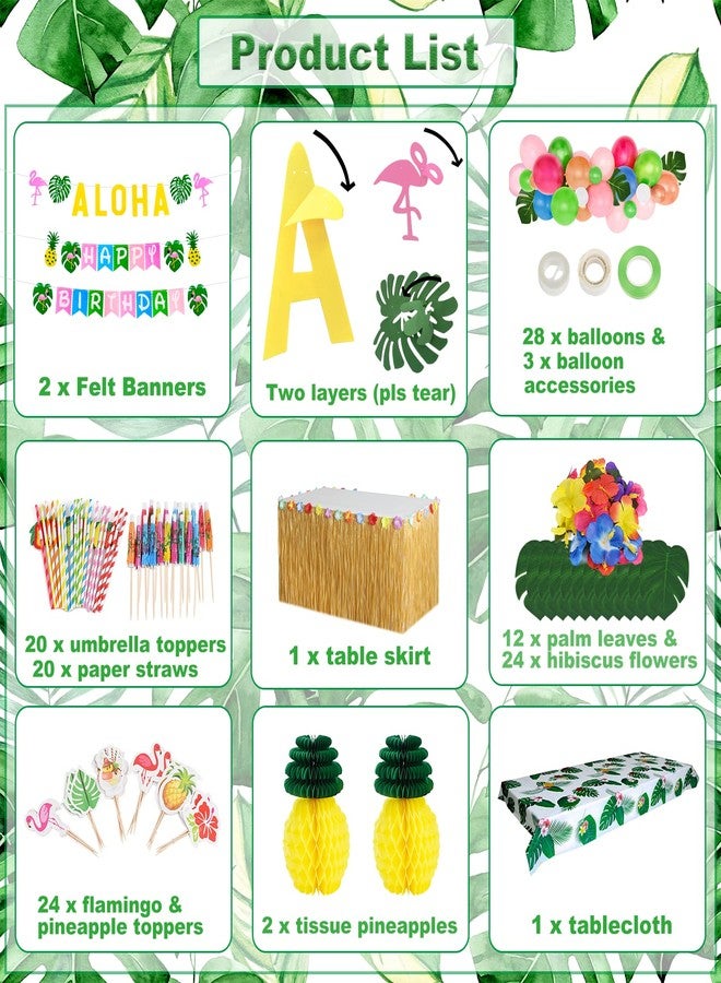 TOONEV Tropical Luau Party Decoration Pack Hawaiian Beach Theme Party Flamingo Pineapple Décors Multi Scene Luau Party Supplies (135pcs) Happy Birthday & Aloha Felt Banner Table Skirt Disposable Tablecloth - Image 2