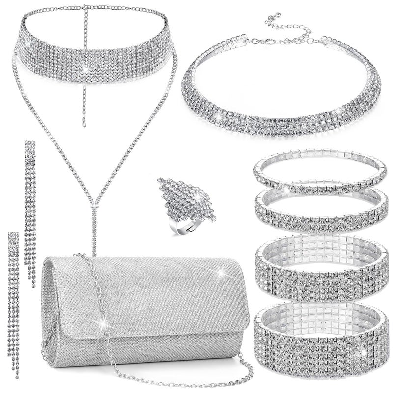 EIELO Rhinestone Jewelry Set for Women Wedding Bridal Silvery Clutch Purse Glitter Choker Necklace Tennis Stretch Bracelets Ring Dangle Fringe Earrings Set - Image 1