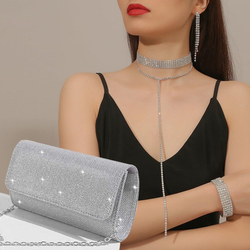 EIELO Rhinestone Jewelry Set for Women Wedding Bridal Silvery Clutch Purse Glitter Choker Necklace Tennis Stretch Bracelets Ring Dangle Fringe Earrings Set - Image 3